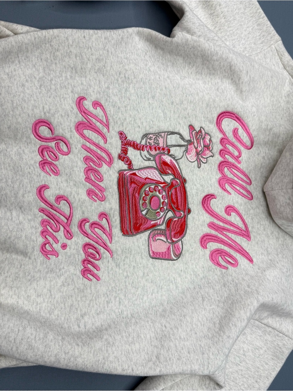 Altar'd State Light Gray Pullover with Pink & Red Phone Embroidery